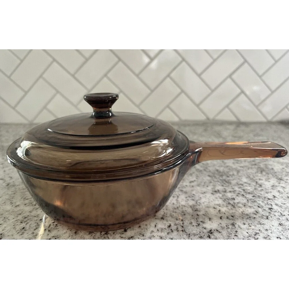 Vintage Corning Visions 0.5L Amber Glass Saucepan Pot Pyrex Lid V-81 USA